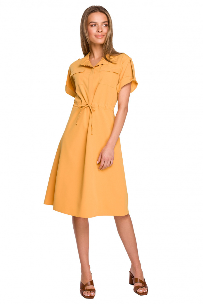 Sukienka Midi Safari Rozkloszowana Wiązana Krótki Rękaw - żółta